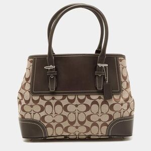 Coach Dark Brown/Beige Signature Canvas and Leather Hampton Tote
